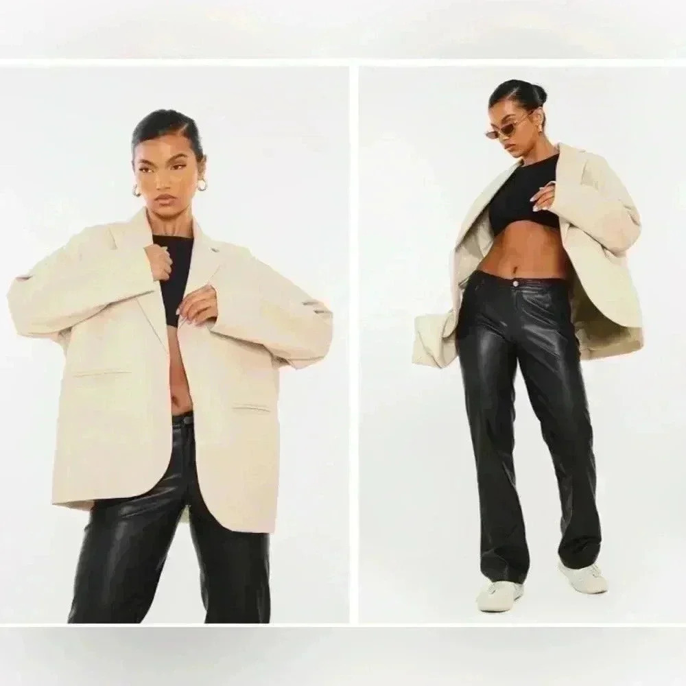 Beige Faux Leather Drop Shoulder Oversized Dad Blazer
